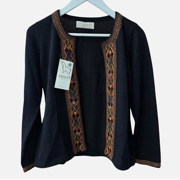 alpaca Sweaters - NWT 100% Peru Baby Alpaca Wool Embroidered Black Cardigan Sweater Women's size S
